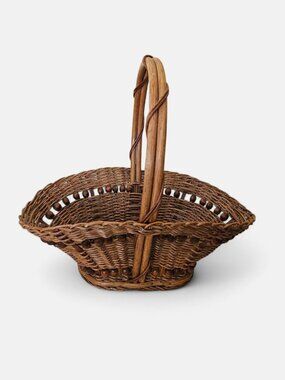 Vintage Hand Woven Wicker Gathering Basket Boho Cottage Chic